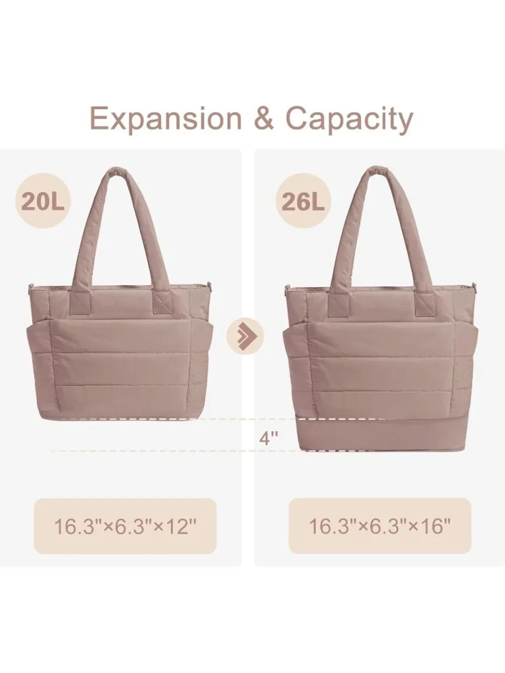 👜Women Large Deep Khaki Quilted Puffer Tote Bag Lightweight For Travel Handbag